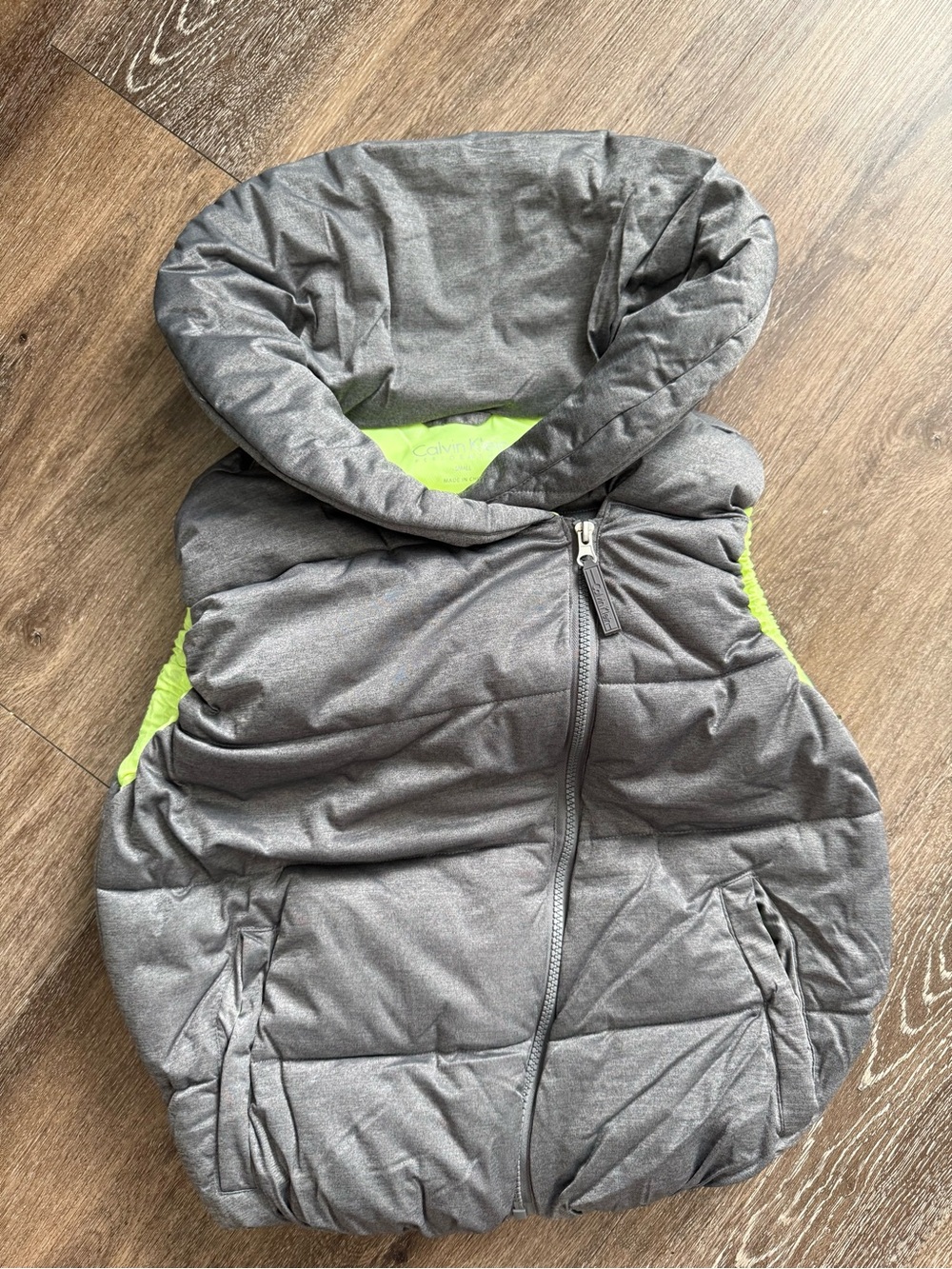 Calvin Klein Performance Puffer Vest Gray Neon Green Hooded Cropped Size S
